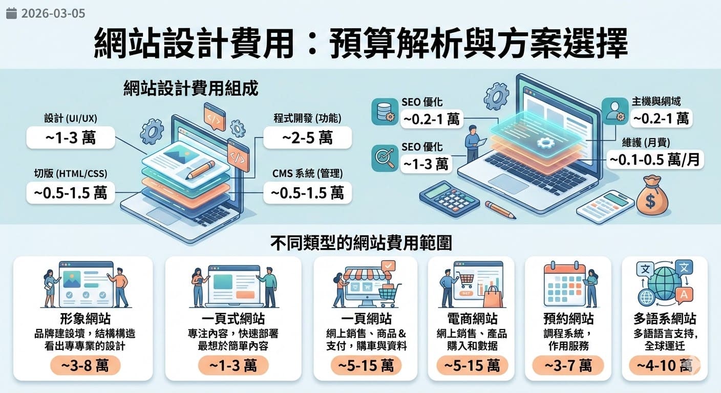 在數位轉型競爭激烈的 2026 年，精確掌握網站設計費用的結構是企業佈局網路市場的關鍵。網頁開發的價值取決於功能複雜度與視覺深度，因此進行完整的預算解析至關重要。目前市場常見的方案選擇主要分為三類：適合快速上線的「基礎套版方案」、兼顧獨特性與 SEO 優化 的「半客製化方案」，以及針對複雜業務邏輯設計的「全客製化方案」。在進行網頁製作規劃時，除了初期的建置投入，企業也應將網域、主機空間與 SSL 安全憑證等長期維運成本納入考量。選擇契合自身規模的開發模式，不僅能有效配置資源，更能確保網站具備高度擴充性，轉化為具備競爭力的數位資產。