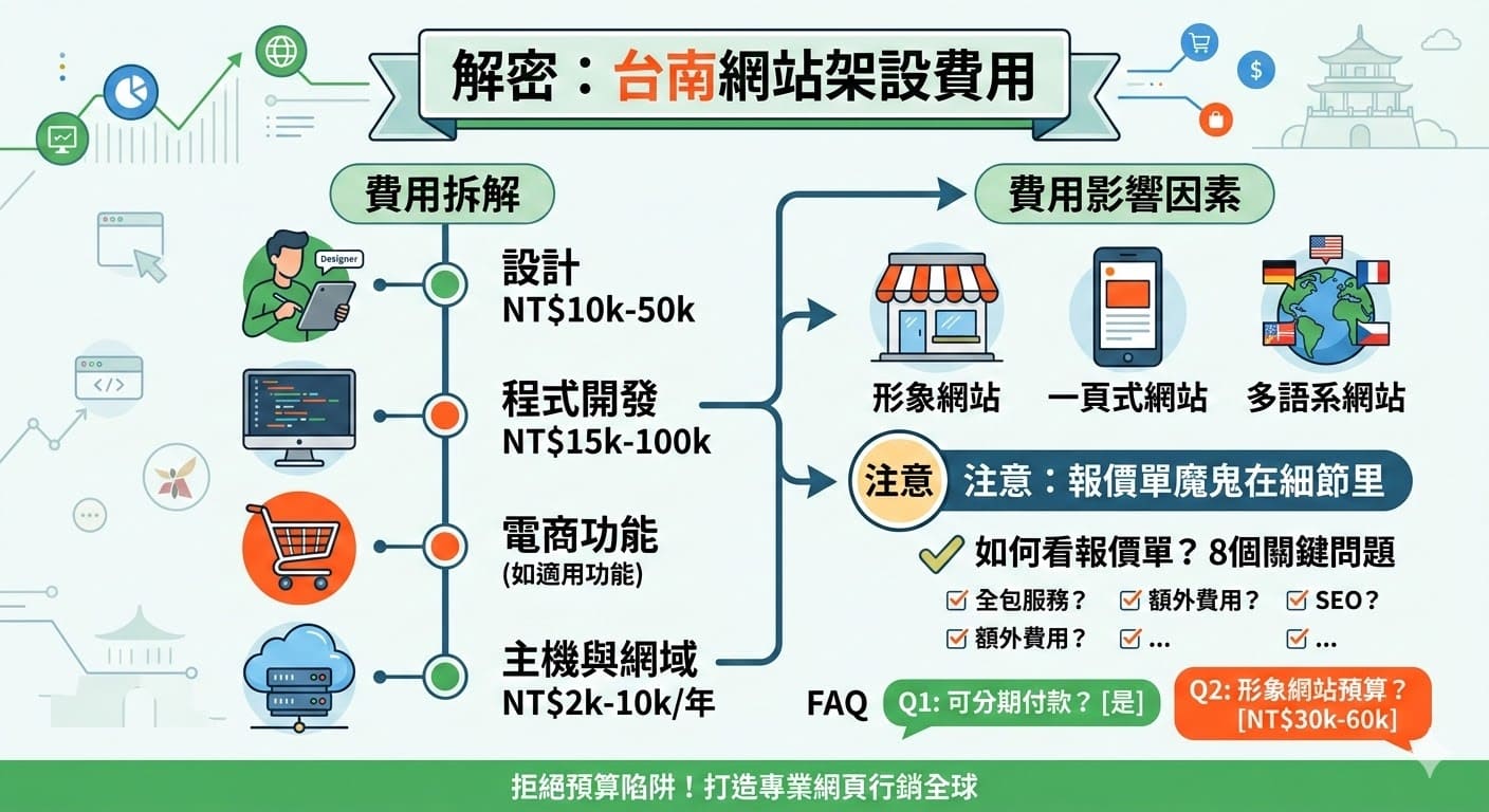 了解台南網站架設費用的主要組成，幫助您更好地預算與規劃網站建設。這篇文章深入分析了設計、開發、維護等費用項目，並拆解各項服務的價格範圍，讓您能夠針對需求選擇最適合的網站架設方案。不論是形象網站、一頁式網站或是電商網站，每個方案的費用與功能需求都有差異，透過這篇文章，您能更清楚了解台南網站架設費用的構成，並做出最明智的決策。