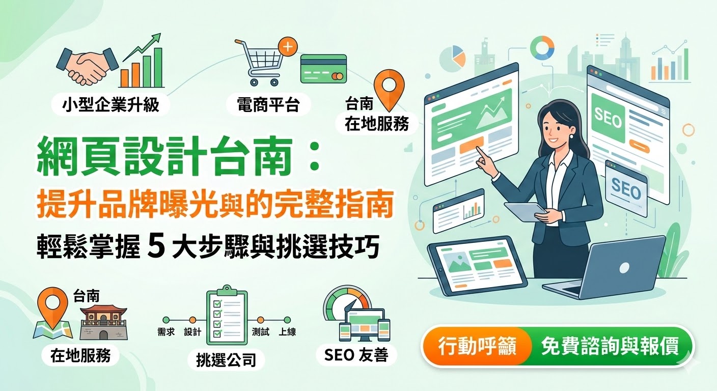 在數位轉型的浪潮中，打造具備在地特色與專業質感的網站是成功的第一步。我們深耕網頁設計台南多年，致力於為在地企業與創業家量身打造兼具視覺美感與使用者體驗（UX）的品牌官網。除了追求視覺饗宴，我們更強調網站的實戰力。透過專業的SEO優化技術，讓您的品牌在搜尋結果中脫穎而出，精準捕捉潛在客戶。無論是響應式網頁設計（RWD）、電子商務系統開發，還是舊有網站翻新，我們都能提供最接地氣的解決方案，助您立足府城、行銷全球。