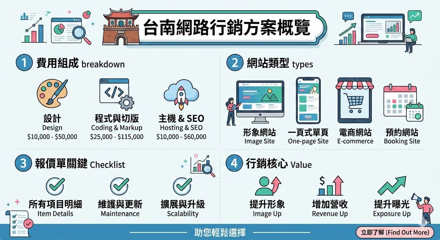 台南網路行銷是專為當地中小企業量身打造的數位行銷方案，從網站設計、SEO優化到社群行銷，旨在提升企業的線上曝光度與品牌形象。無論是形象網站、一頁式網站或是電商網站，台南網路行銷都能根據您的需求提供合適的解決方案。透過專業的網路行銷策略，協助企業達成業績成長，提升客戶轉換率。了解更多，選擇最適合您的網路行銷方案，讓您的品牌在競爭中脫穎而出。