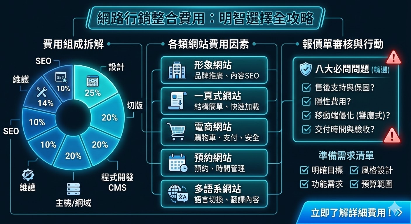網路行銷整合是現代企業提升品牌能見度與銷售的一個關鍵策略。透過整合網站設計、SEO優化、社群媒體行銷等手段，企業能夠在數位市場中脫穎而出。無論是形象網站、電商平台還是一頁式網站，透過專業的網路行銷整合，可以為企業帶來更多的曝光與銷售機會。這種全面的行銷策略幫助企業更有效地吸引目標客群並提高轉換率，實現長期的業務增長。