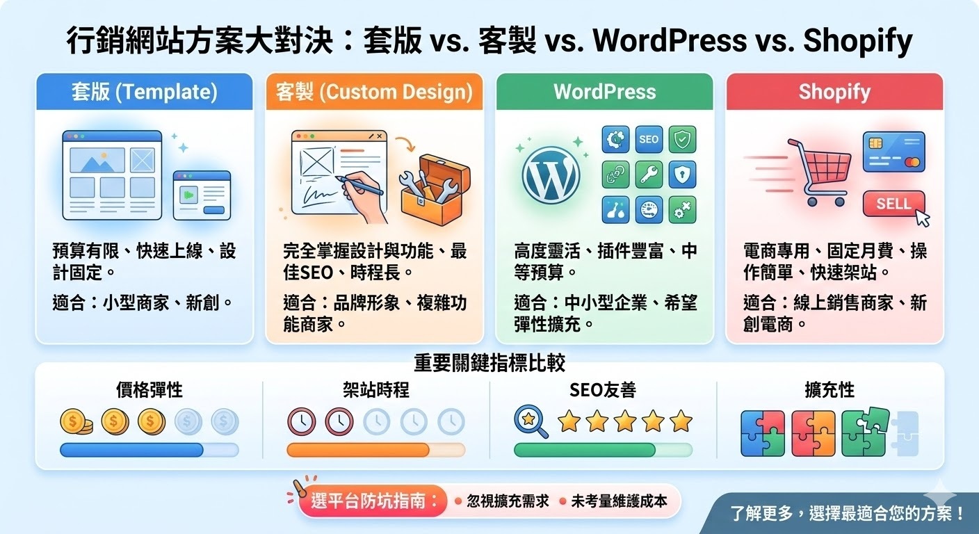 行銷網站是為了幫助企業提升品牌曝光和促進銷售而設計的網站平台。無論是透過SEO優化、社交媒體整合，還是使用電子商務功能，行銷網站都能有效達到增加客戶流量的目標。選擇合適的行銷網站方案，如套版、客製化或平台選擇（例如WordPress或Shopify），可以根據企業需求提供最佳解決方案。打造一個功能齊全、SEO友善的行銷網站，對提升業務成長具有至關重要的作用。