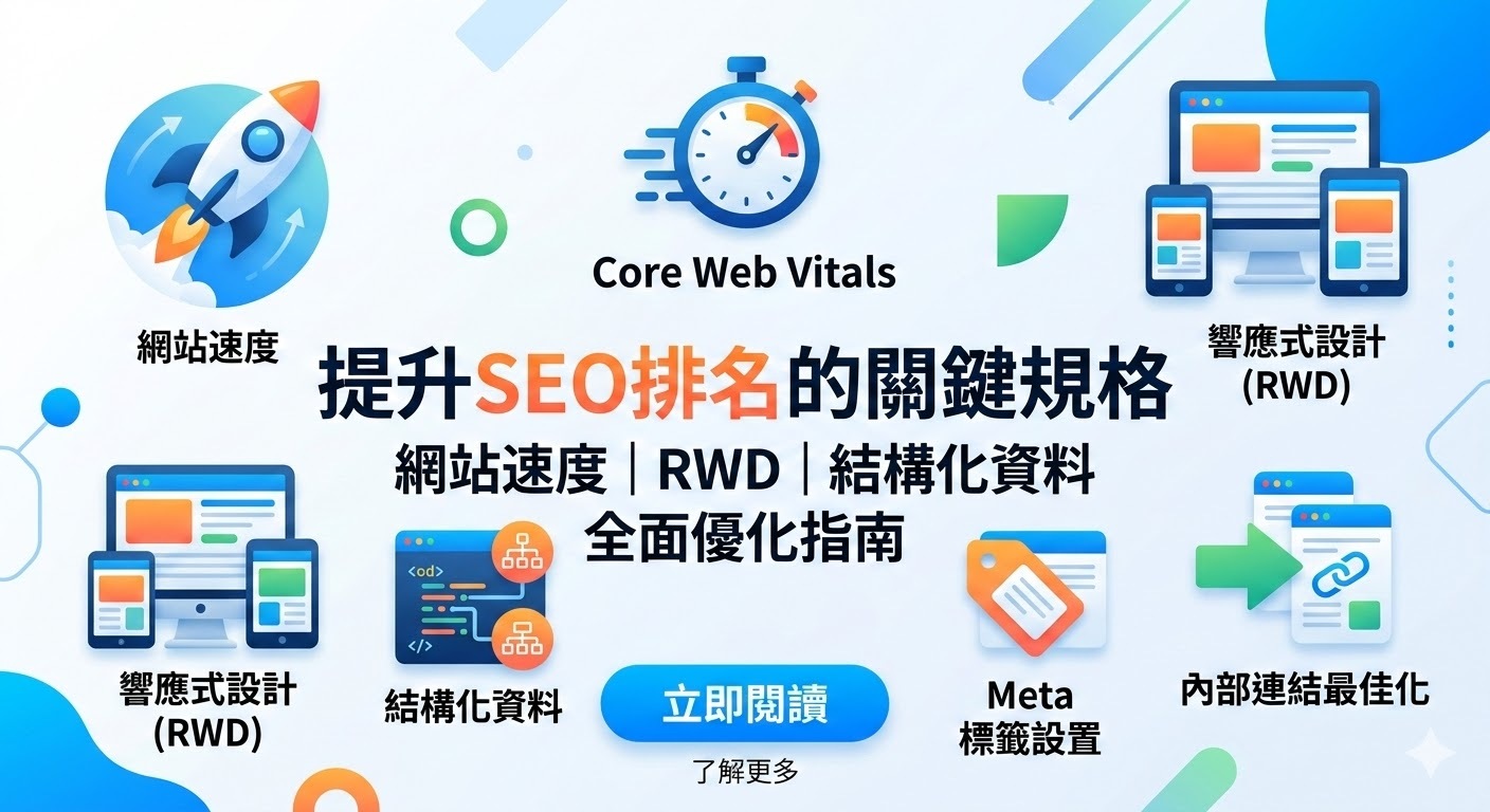 "提升網站SEO排名的關鍵在於優化網站速度、結構化資料和響應式設計。這些技術性SEO規格直接影響網站的用戶體驗和搜尋引擎排名。透過改善Core Web Vitals、使用合適的Meta標籤和內部連結,能有效提升網站在Google的可見性與轉換率。了解如何通過這些SEO最佳實踐來優化您的網站,提升競爭力。"