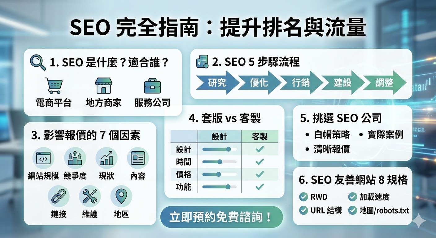 SEO（搜尋引擎優化）是指一系列提高網站在搜尋引擎中排名的策略與技巧，目的是讓網站在自然搜尋結果中獲得更多曝光，從而吸引更多潛在客戶。簡單來說，SEO 是透過優化網站結構、內容、關鍵字、內外部鏈接等，提升網站在搜尋引擎結果頁（SERP）的排名。對於任何企業或個人網站而言，了解 SEO 並實施相關優化，是吸引有價值流量、提高品牌知名度和業務轉換的關鍵步驟。