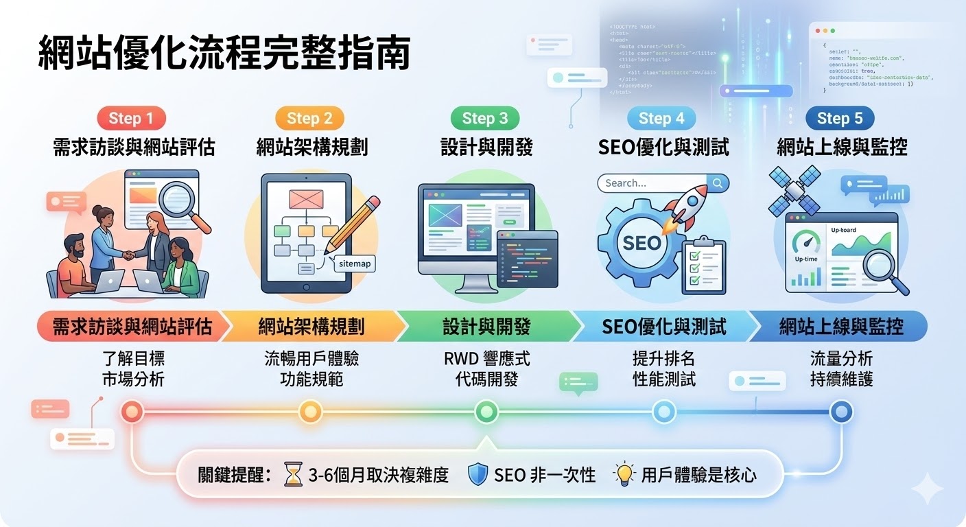 網站優化是指通過一系列技術和策略來提高網站的性能和搜尋引擎排名。這包括網站結構的優化、頁面加載速度提升、SEO內容調整、以及提高用戶體驗等方面。有效的網站優化能夠提升網站在搜尋引擎中的可見度，增加流量，並提高轉換率。無論是對網站架構進行優化還是進行SEO優化，都是現代網絡營銷中至關重要的步驟，能幫助企業在競爭激烈的市場中脫穎而出。