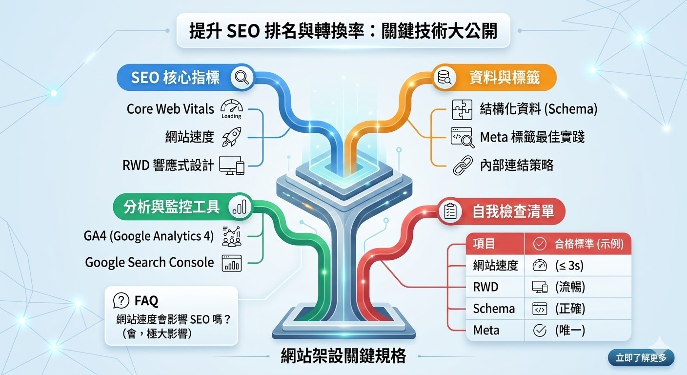 網站架設是建立網站過程中的基礎工作，涵蓋了設計、開發、優化等多個步驟。成功的網站架設不僅要求網站外觀和功能符合需求，還需重視SEO優化，確保網站在搜尋引擎中的可見度和排名。從網站速度、結構化資料到RWD響應式設計，每一項技術細節都直接影響用戶體驗和轉換率。選擇正確的架設策略，能夠提高網站的效能，促進業務增長。