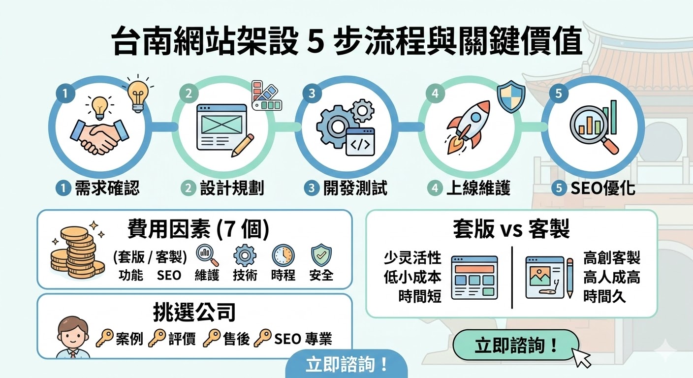 台南網站架設 是許多企業打造線上業務平台的首選，無論是新創公司還是擴大銷售渠道的零售商，都能從中受益。選擇合適的 台南網站架設 方案能有效提升企業形象，拓展市場。透過專業的設計與開發流程，結合 SEO 優化，讓您的網站在搜尋引擎中獲得更好的曝光。了解網站架設的流程、費用及設計選擇，能幫助您做出最佳決策。