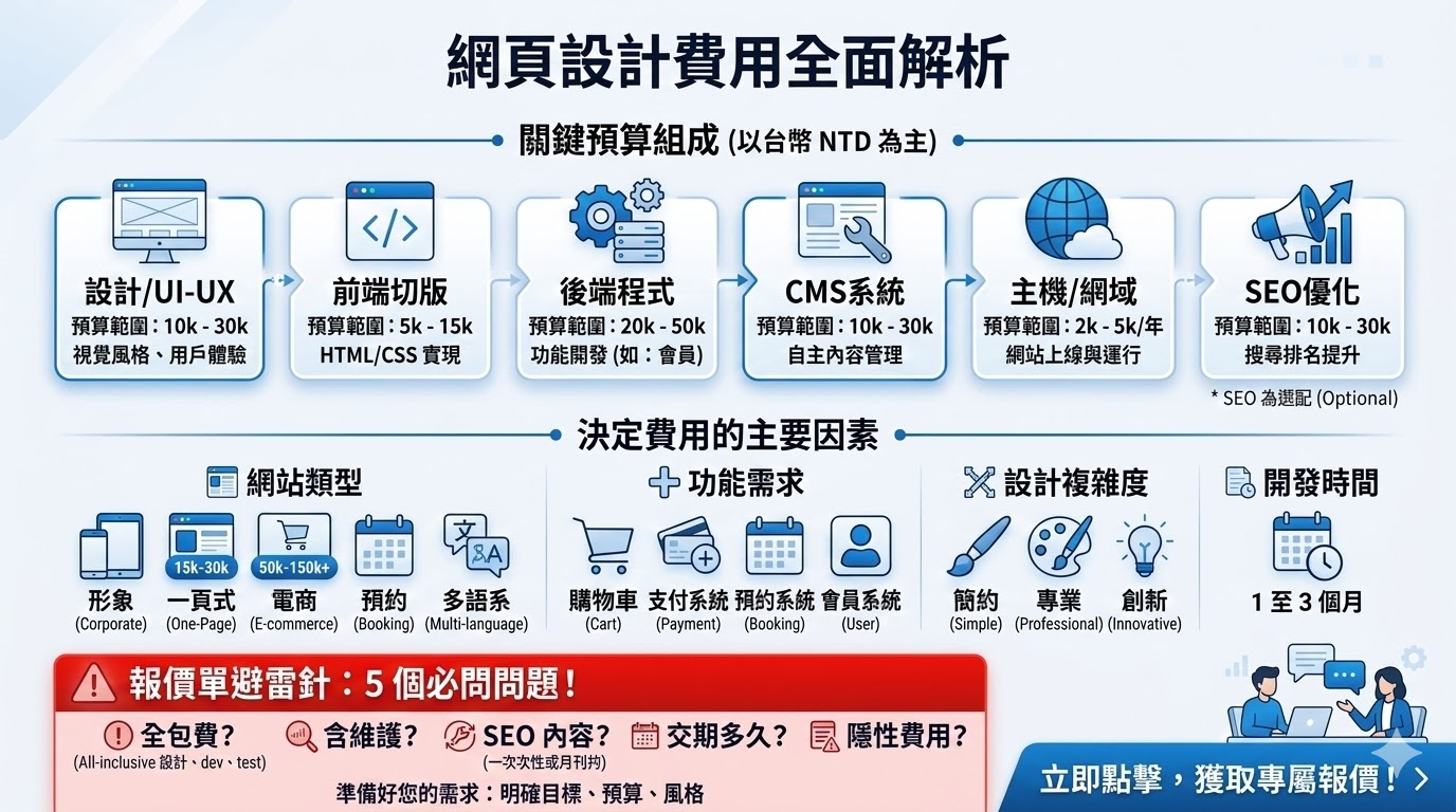 在數位競爭激烈的時代，優質的網頁設計是建立企業信譽的第一步。我們專注於將品牌視覺與使用者體驗完美結合，打造具備響應式設計（RWD）的高質感網站。無論是企業官網還是品牌登陸頁，我們都能精準轉化品牌魅力，讓每一位訪客都能感受到專業的設計細節與流暢的導覽體驗，協助您的事業在網路世界中脫穎而出。