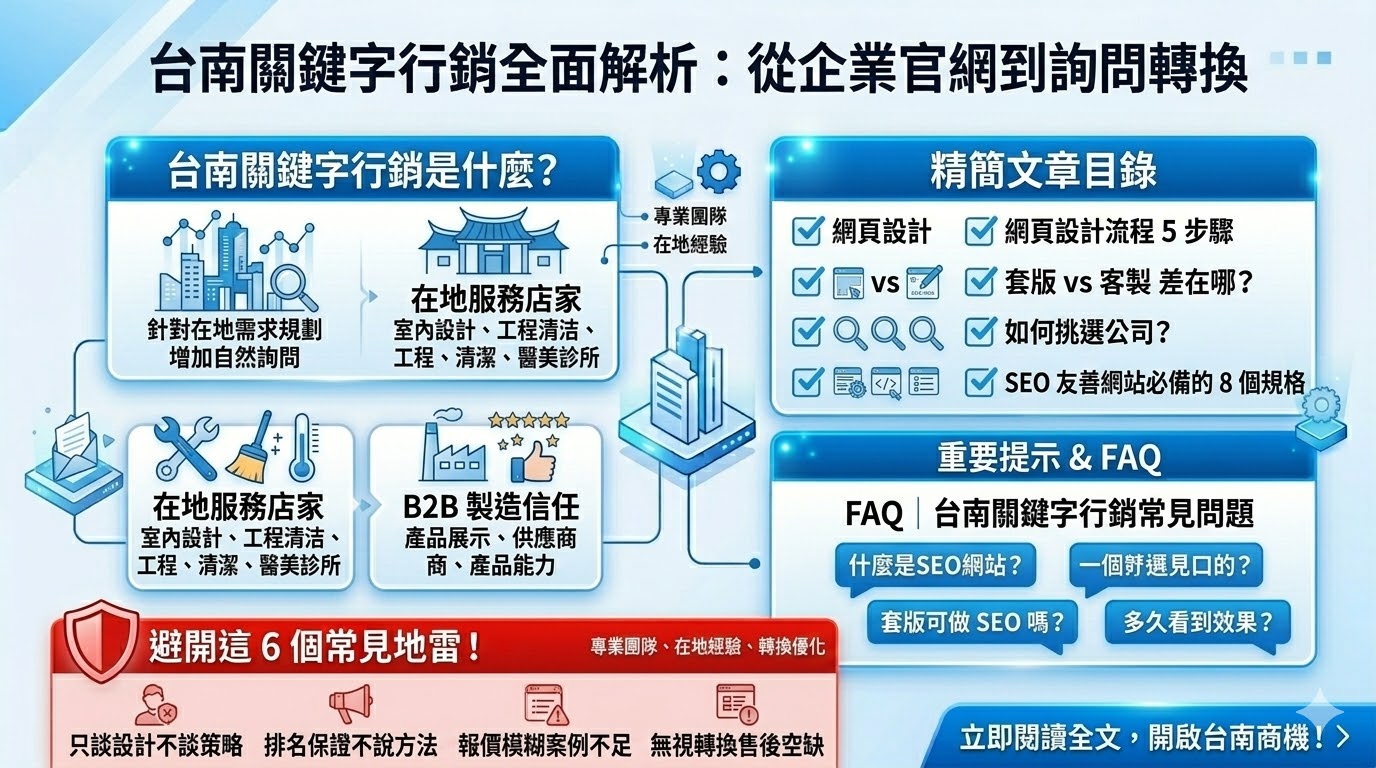 台南關鍵字行銷是許多在地企業提升曝光與詢問的重要策略。透過規劃SEO網站架構、企業官網內容、RWD響應式設計與完整網站製作流程，能讓網站在搜尋結果中更容易被找到。本篇整理台南關鍵字行銷的核心概念、網站設計費用與SEO規劃重點，幫助台南店家與企業建立能帶來流量與詢問的網站。