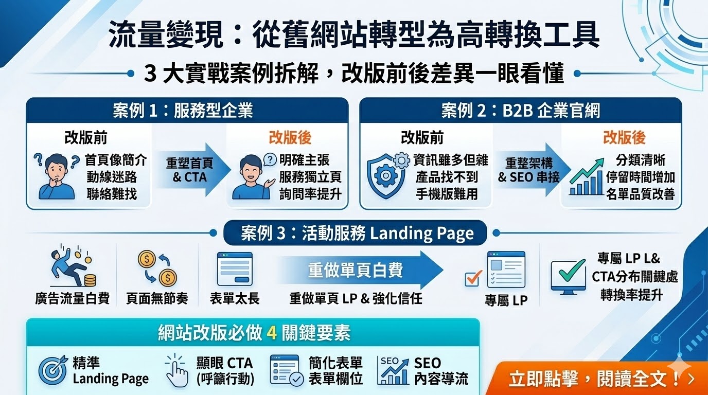 網路行銷不只是幫網站帶來流量，更重要的是把流量轉成詢問與成交。透過網站改版流程、優化網站動線、設計有效CTA、強化Landing Page與SEO內容，企業能有效提升轉換率。這篇文章將用實戰案例帶你看懂網路行銷如何真正發揮成效。