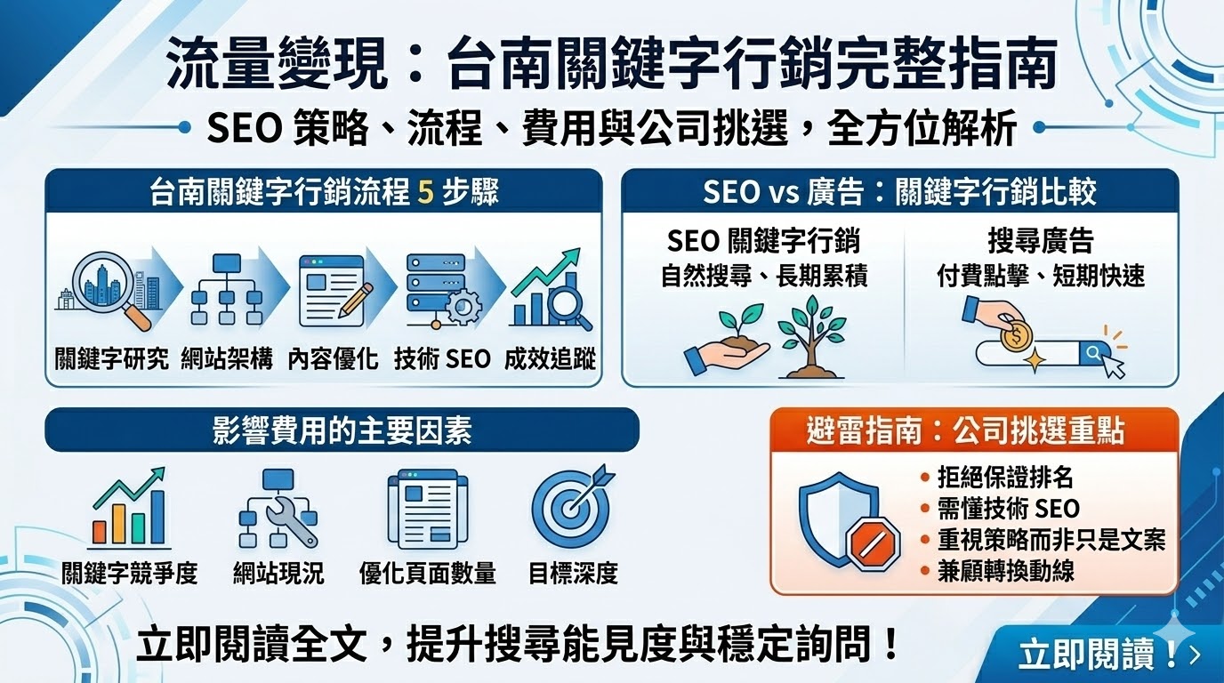 台南關鍵字行銷是提升企業在 Google 搜尋曝光的重要策略，透過 SEO 優化、關鍵字研究與網站內容布局，可以讓網站在台南在地搜尋中更容易被客戶找到。本篇整理台南關鍵字行銷的操作流程、費用影響因素、SEO 網站規格與公司挑選重點，幫助企業了解如何透過台南關鍵字行銷提升自然流量與穩定詢問。
