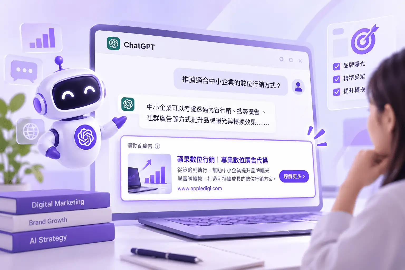 ChatGPT 廣告競價、點擊與轉換計費示意