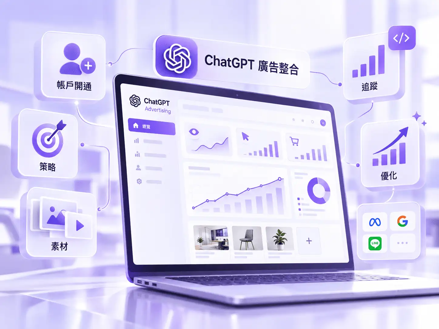 ChatGPT 廣告代操、數據追蹤與整合行銷服務示意