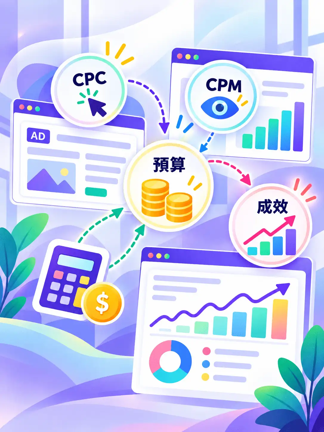 GPT廣告CPC CPM與廣告預算概念示意圖