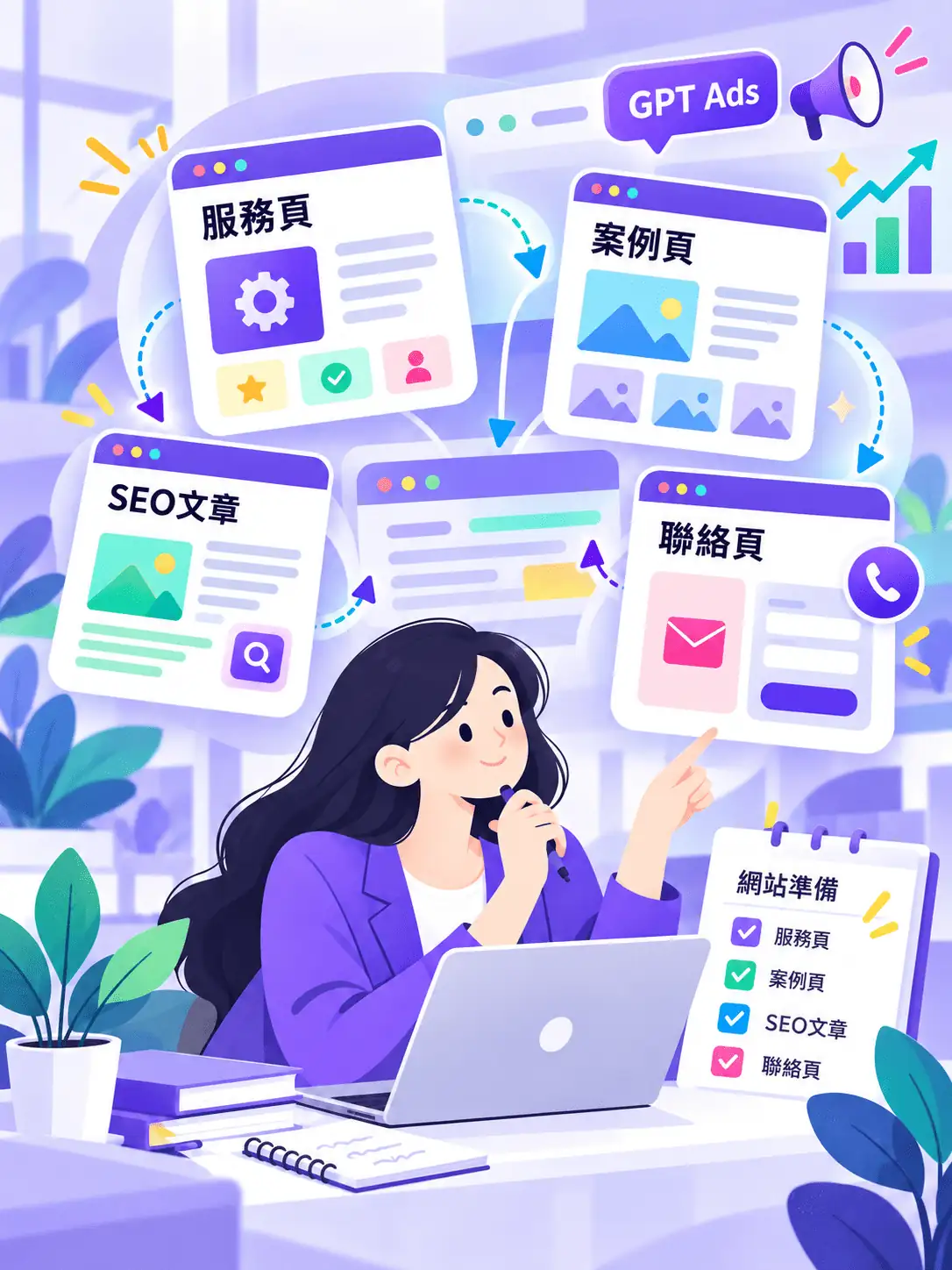 企業網站服務頁案例頁SEO文章與聯絡頁示意